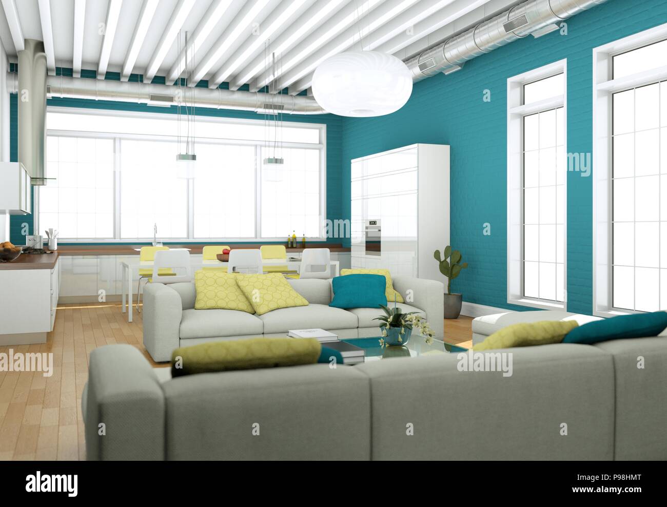 Modern bright living room interior design with sofas and blue wall ...