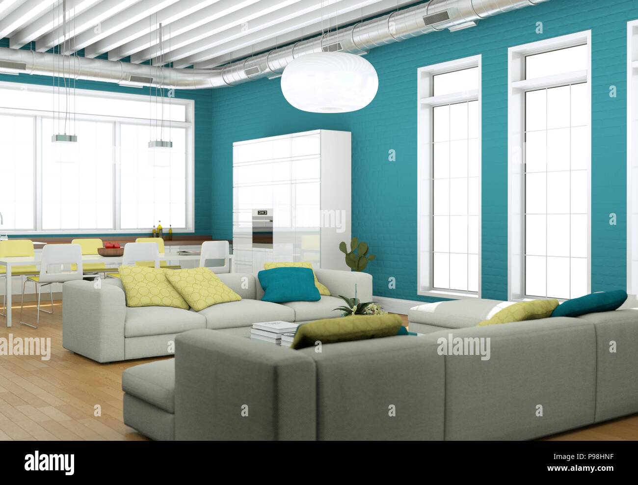 Modern bright living room interior design with sofas and blue wall ...
