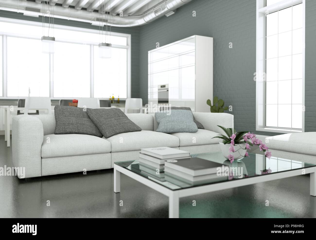 Modern bright living room interior design with sofas and grey wall ...