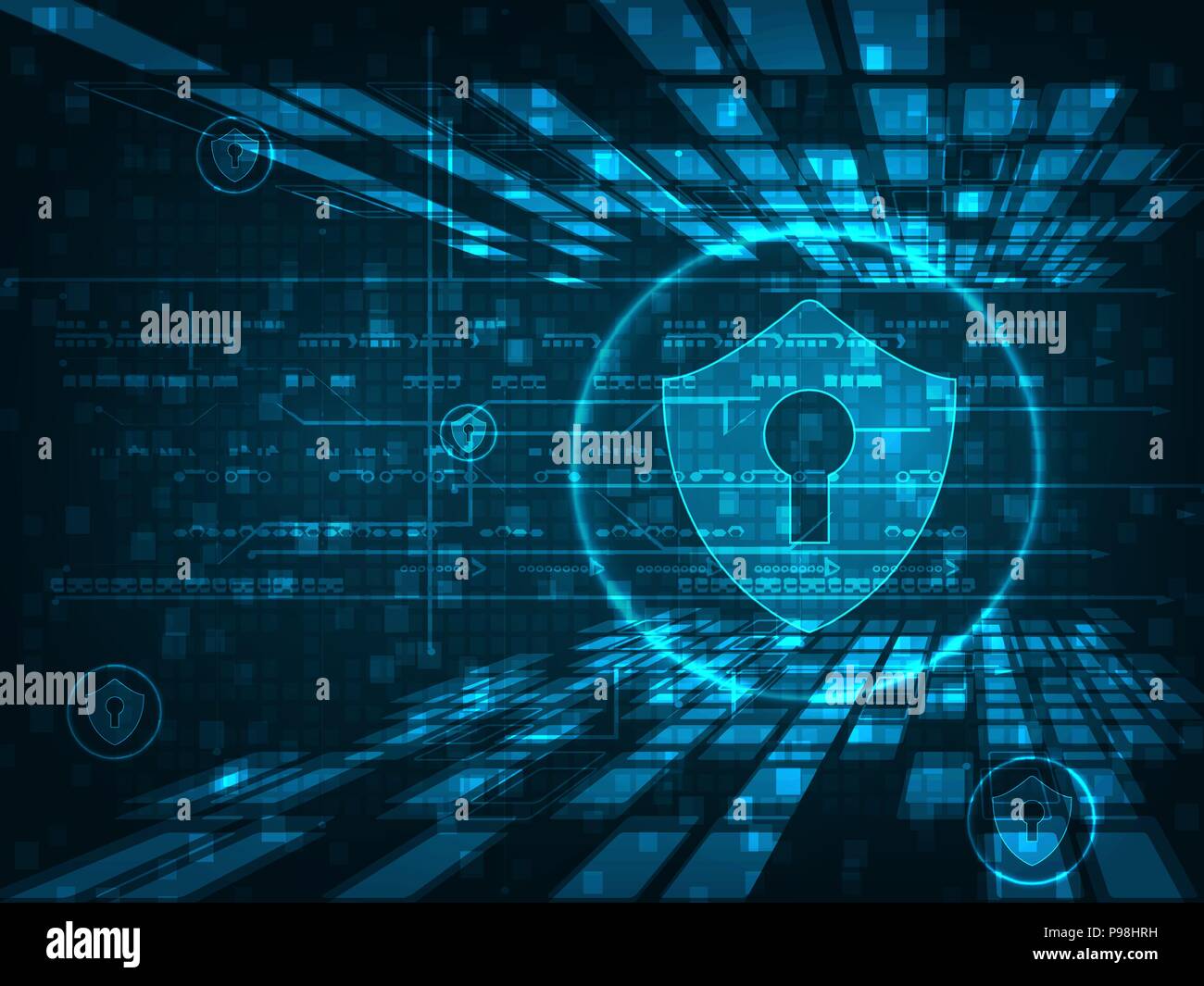 Cyber security concept: Shield With Keyhole icon on digital data ...