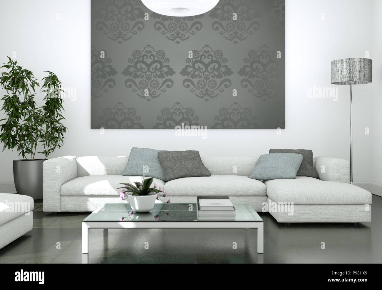 Modern bright living room interior design with sofas and grey wall ...