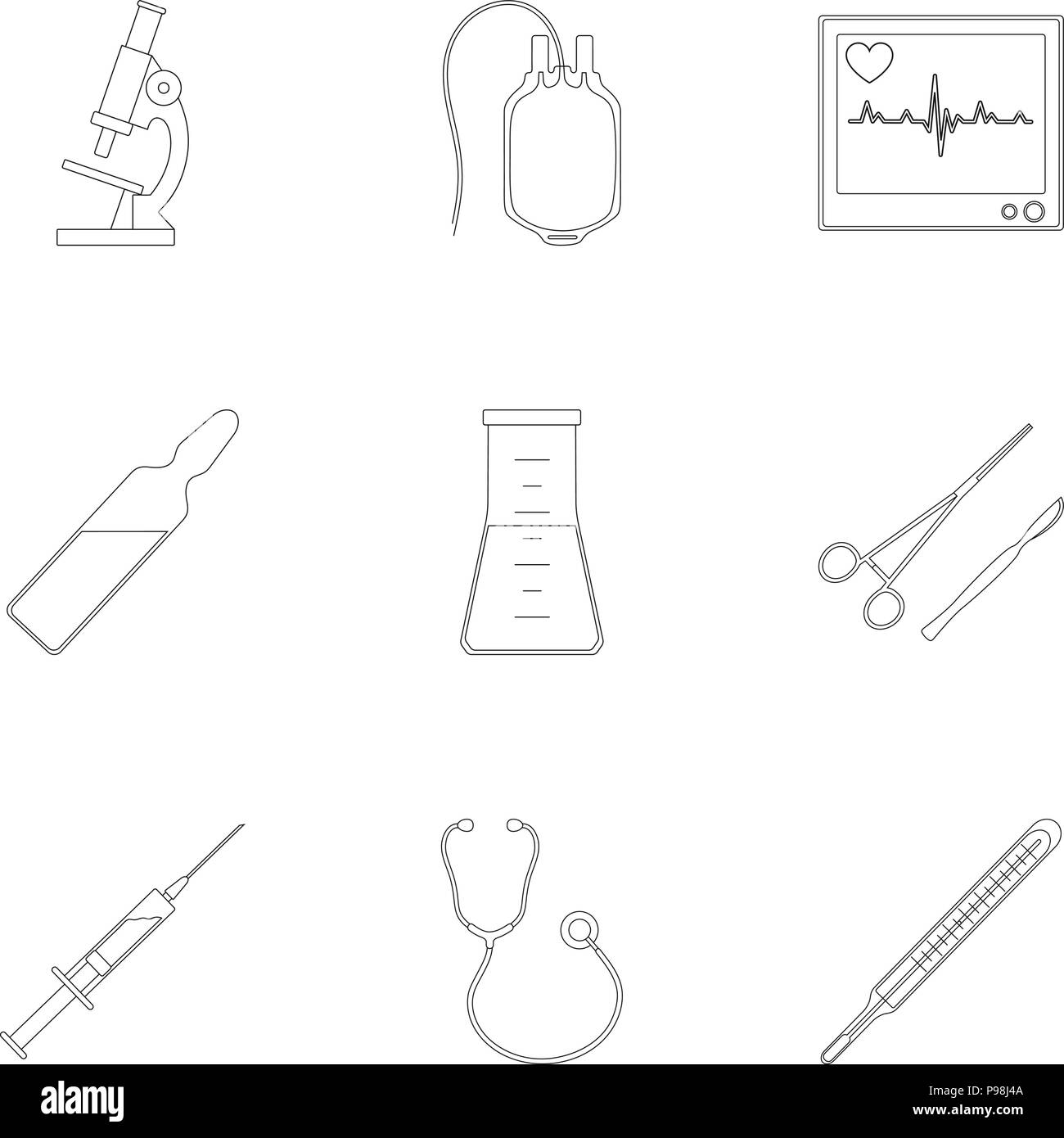 Medicine and treatment outline icons in set collection for design ...