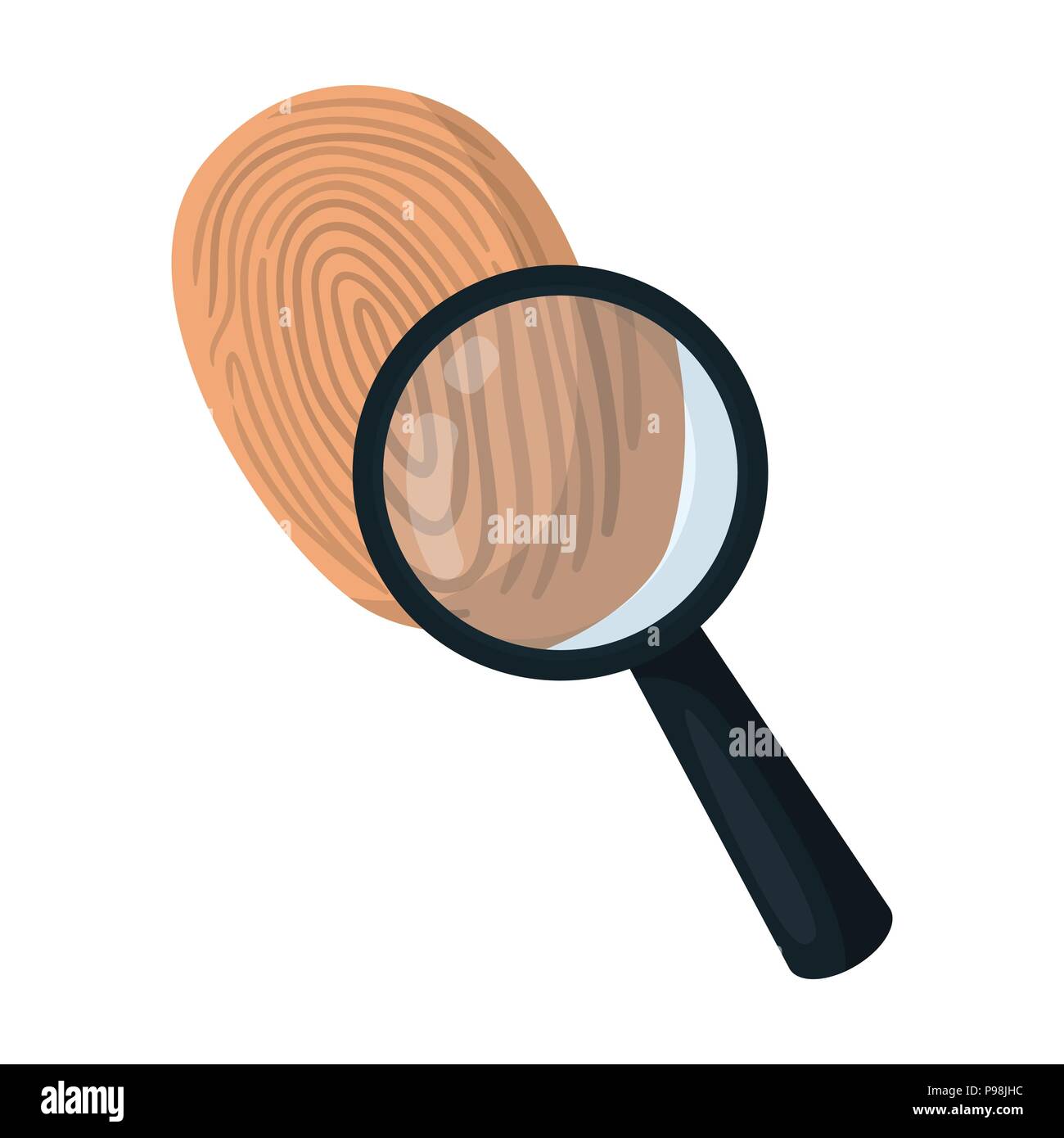 Investigation by fingerprint magnifier, crime. Loupe is a detective tool, single icon in cartoon style vector symbol stock illustration . Stock Vector