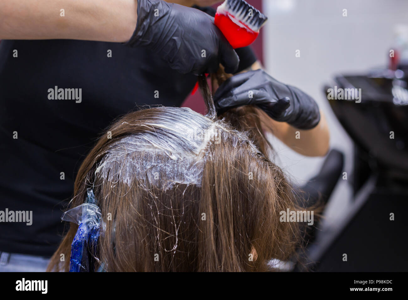 Professional hairdresser coloring hair of woman client at studio Stock Photo