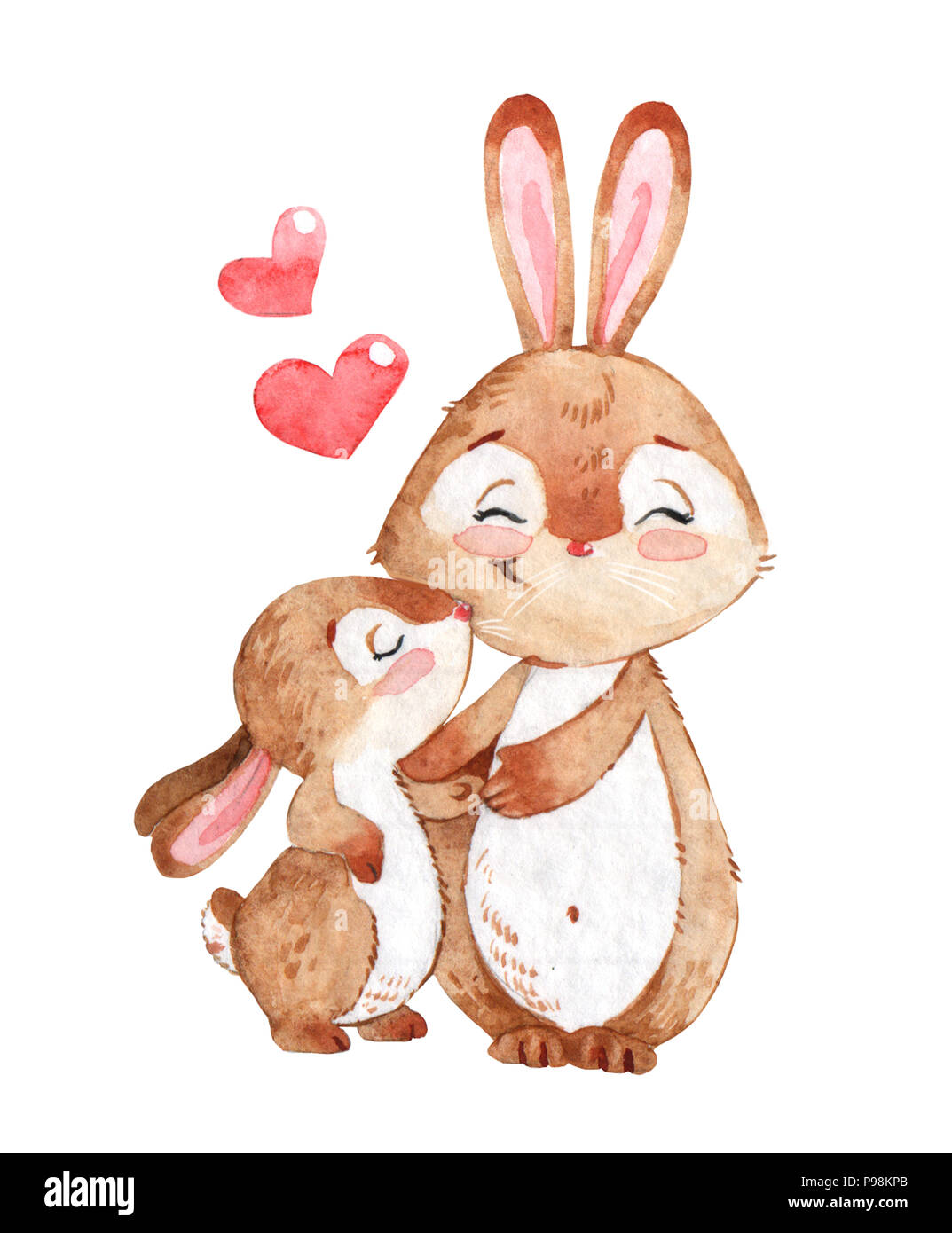 Happy bunny with mother watercolor cartoon isolated on white background Stock Photo