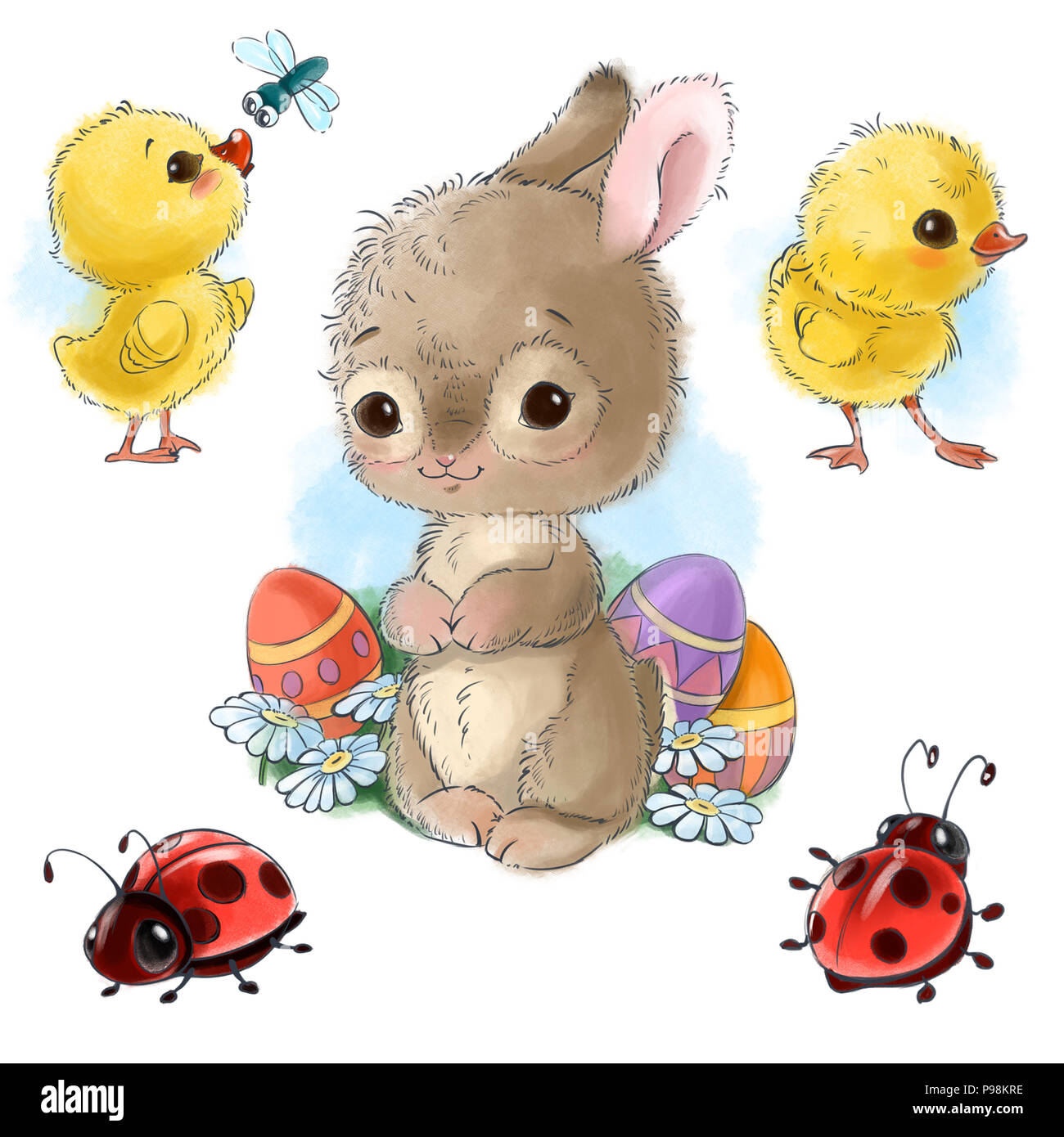 Happy bunny with Easter eggs, chicks and bugs cartoon isolated clipart on white background Stock Photo