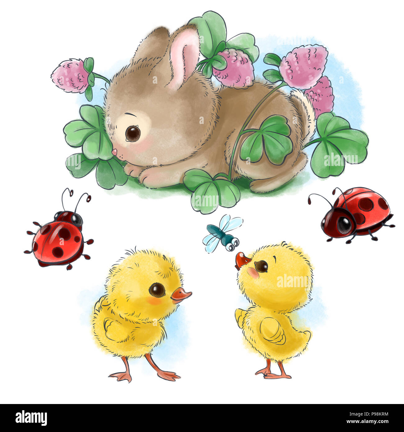 Happy bunny with Easter eggs, chicks and bugs cartoon isolated clipart on white background Stock Photo