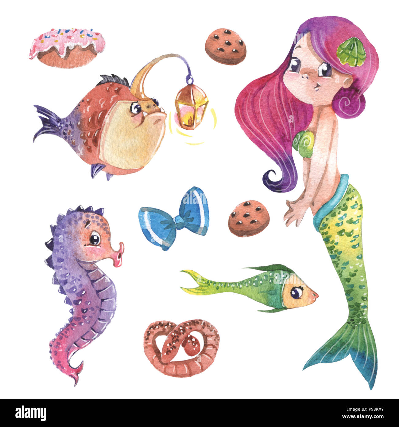 Hand painted cute little mermaid with fishes and sweets, watercolor illustration clipart set. Stock Photo
