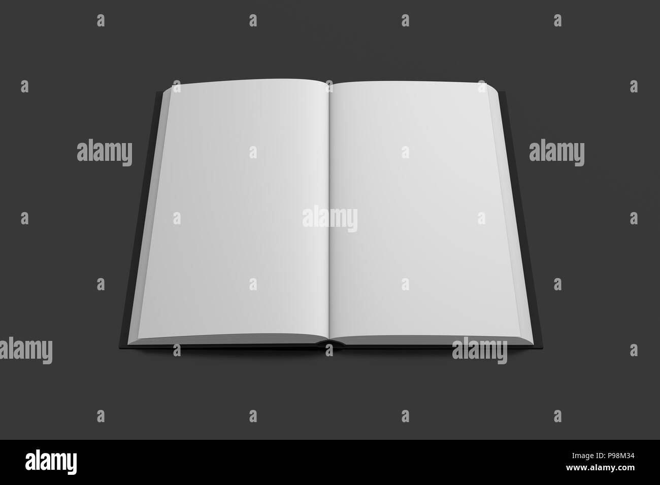 Open book with black cover and blank pages isolated on black background
