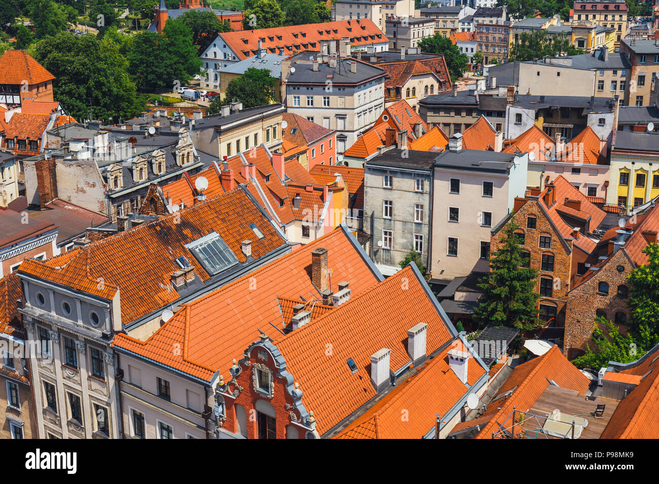 Aerial view of historical buildings and roofs in Polish medieval town