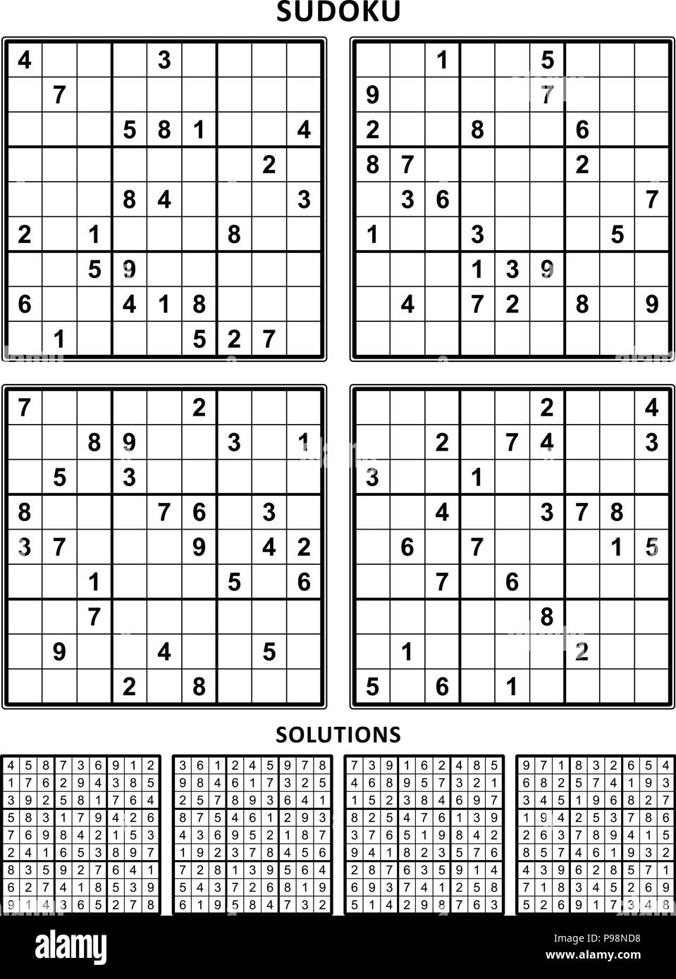Four sudoku puzzles of comfortable (easy, yet not very easy) level, on A4 or Letter sized page with margins, suitable for large print books. Set 14. Stock Vector
