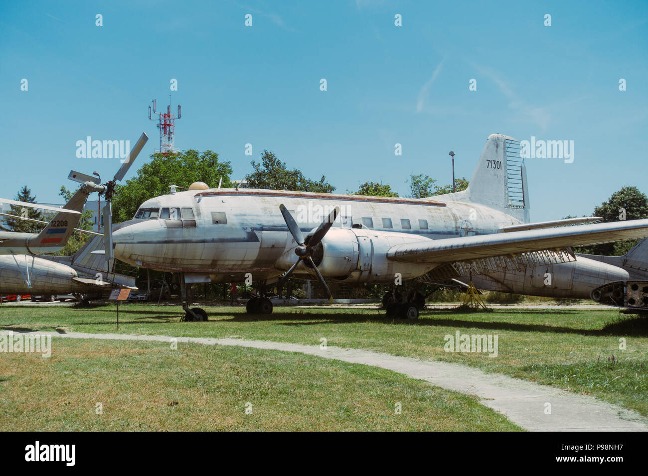 Neglected Yugoslav-era aircraft on display in the summer sun outside the Aeronautical Museum Belgrade, Serbia Stock Photo