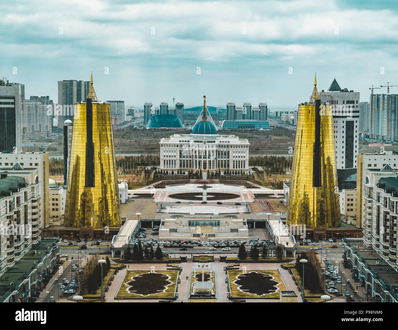 Elevated panoramic city view over Astana in Kazakhstan with Golden Towers aka the Beer Cans and presidential building Ak Orda  Stock Photo