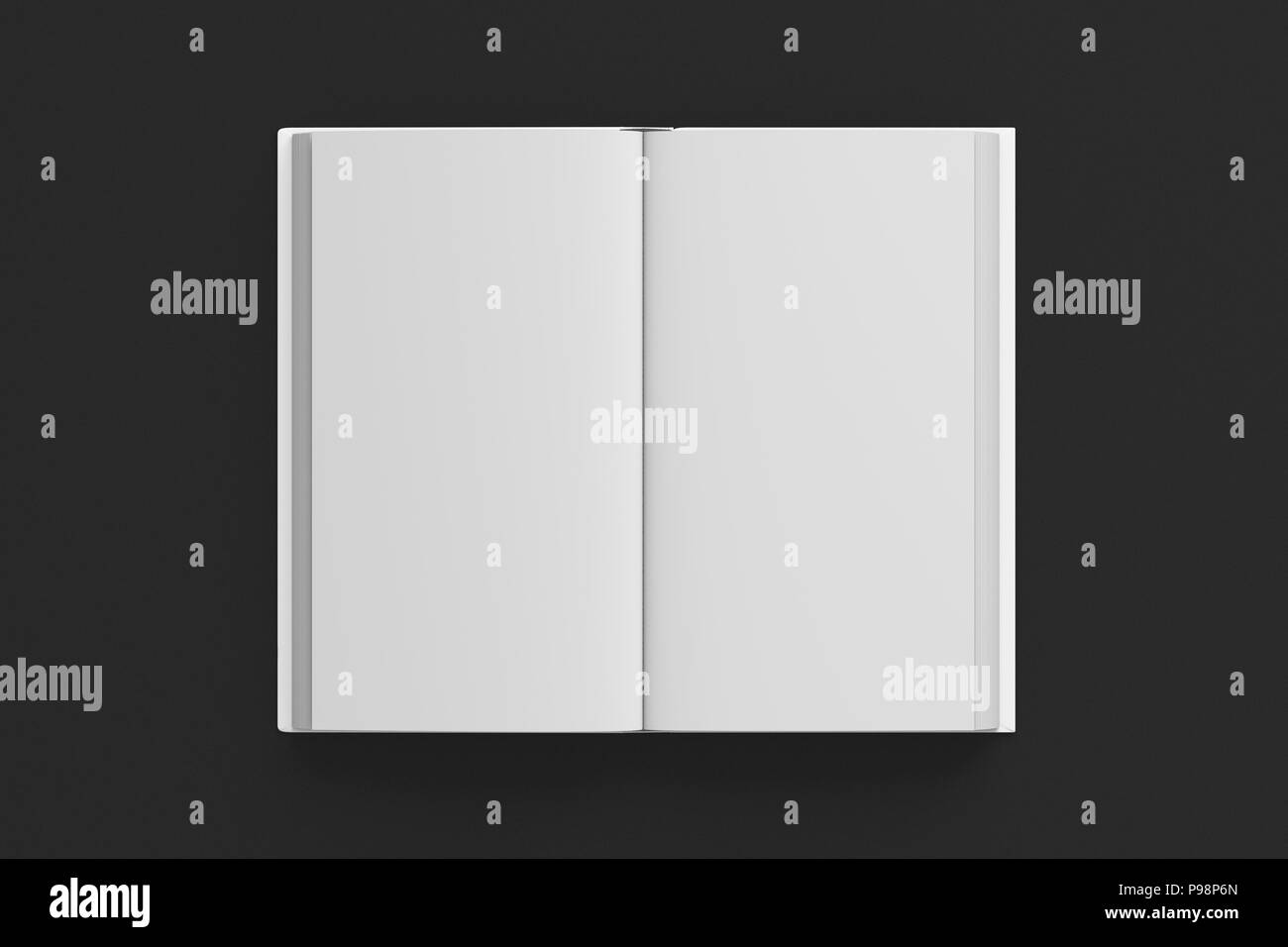 Open book with white cover and blank pages isolated on black background
