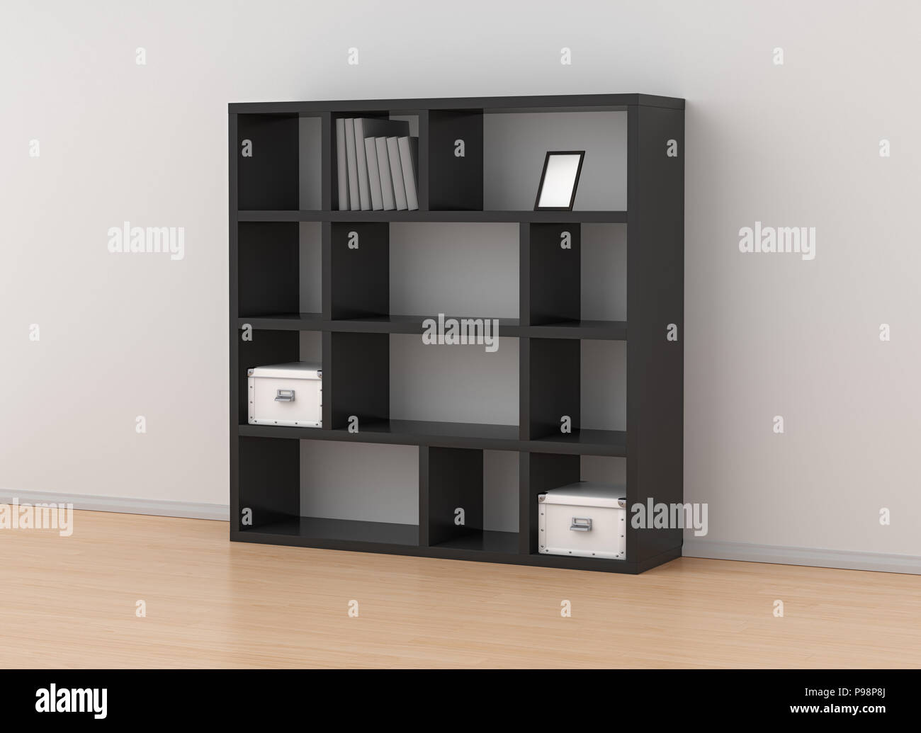 Black bookcase shelves isolated in light interior. Include clipping ...