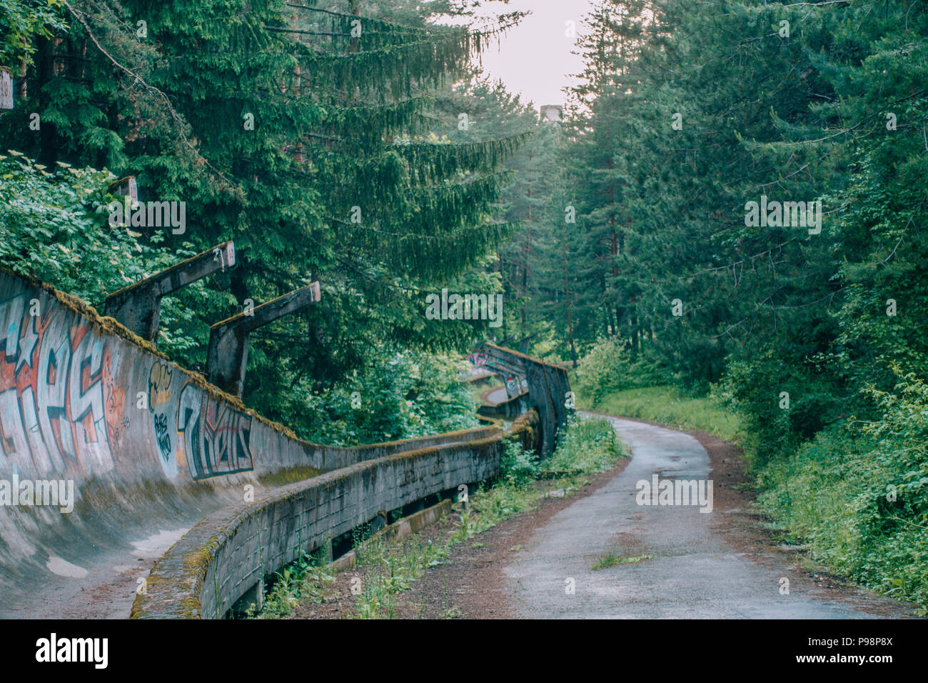 the now-disused concrete of the 1984 Sarajevo Olympic Bobsleigh and Luge Track curves through the forest, covered in graffiti Stock Photo