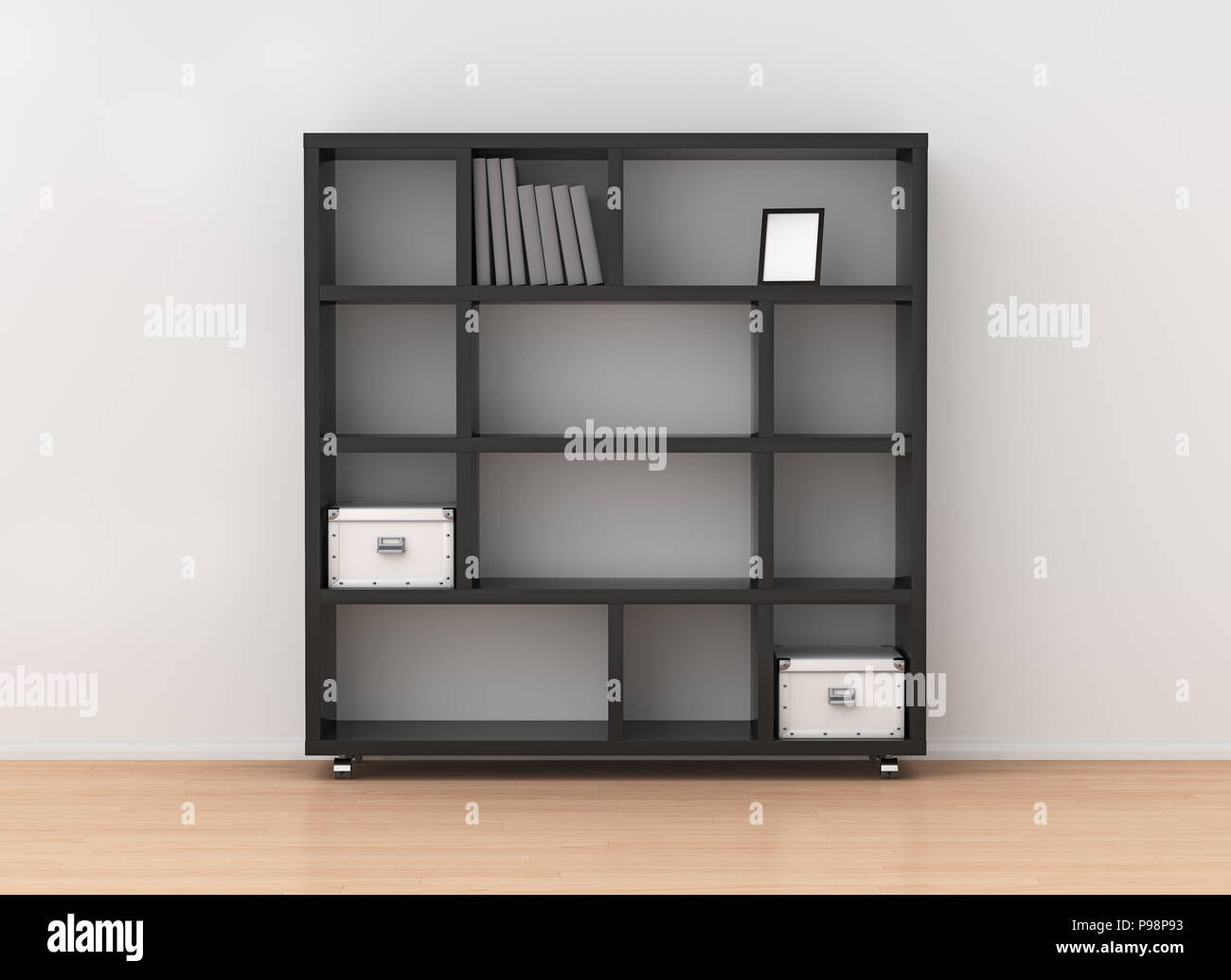 Black bookcase shelves on wheels isolated in light interior. Include