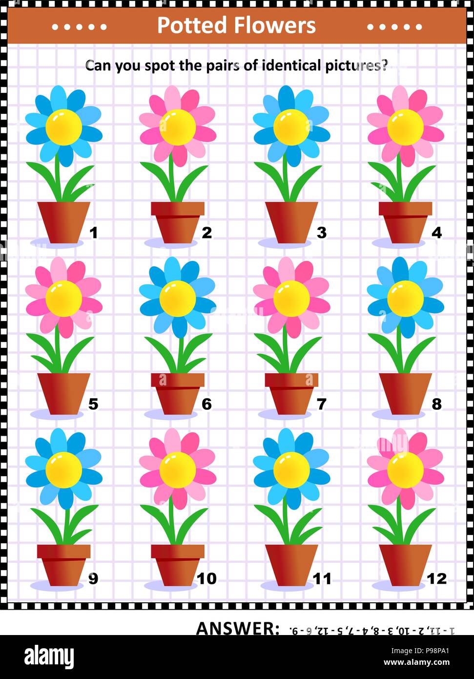 IQ and memory training visual puzzle with potted flowers: Can you spot the pairs of identical pictures? Answer included. Stock Vector