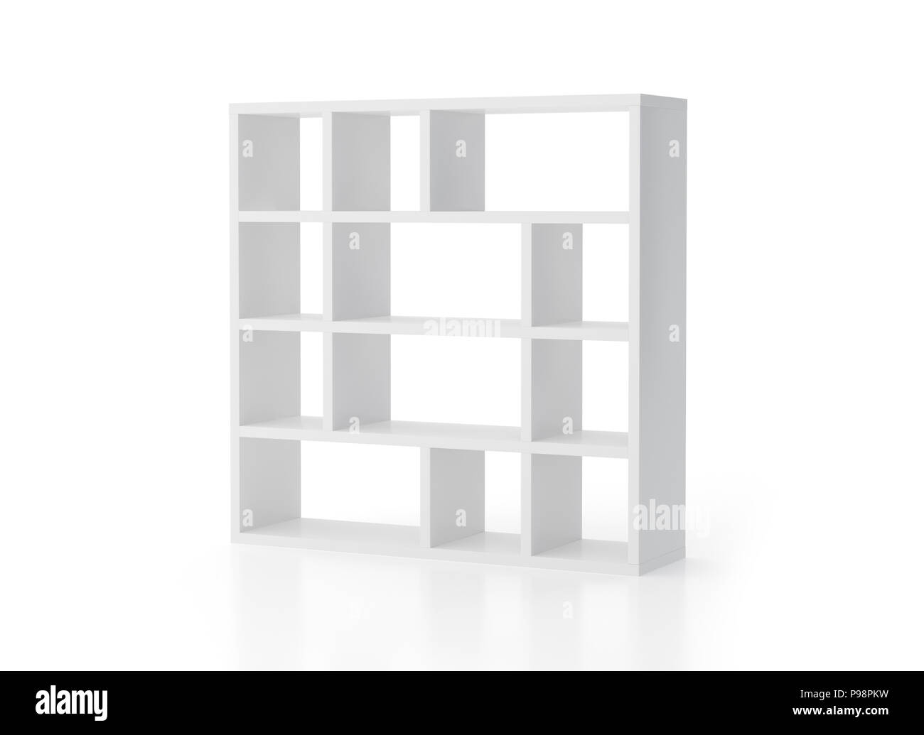 Empty white bookcase shelves isolated on white background. Include