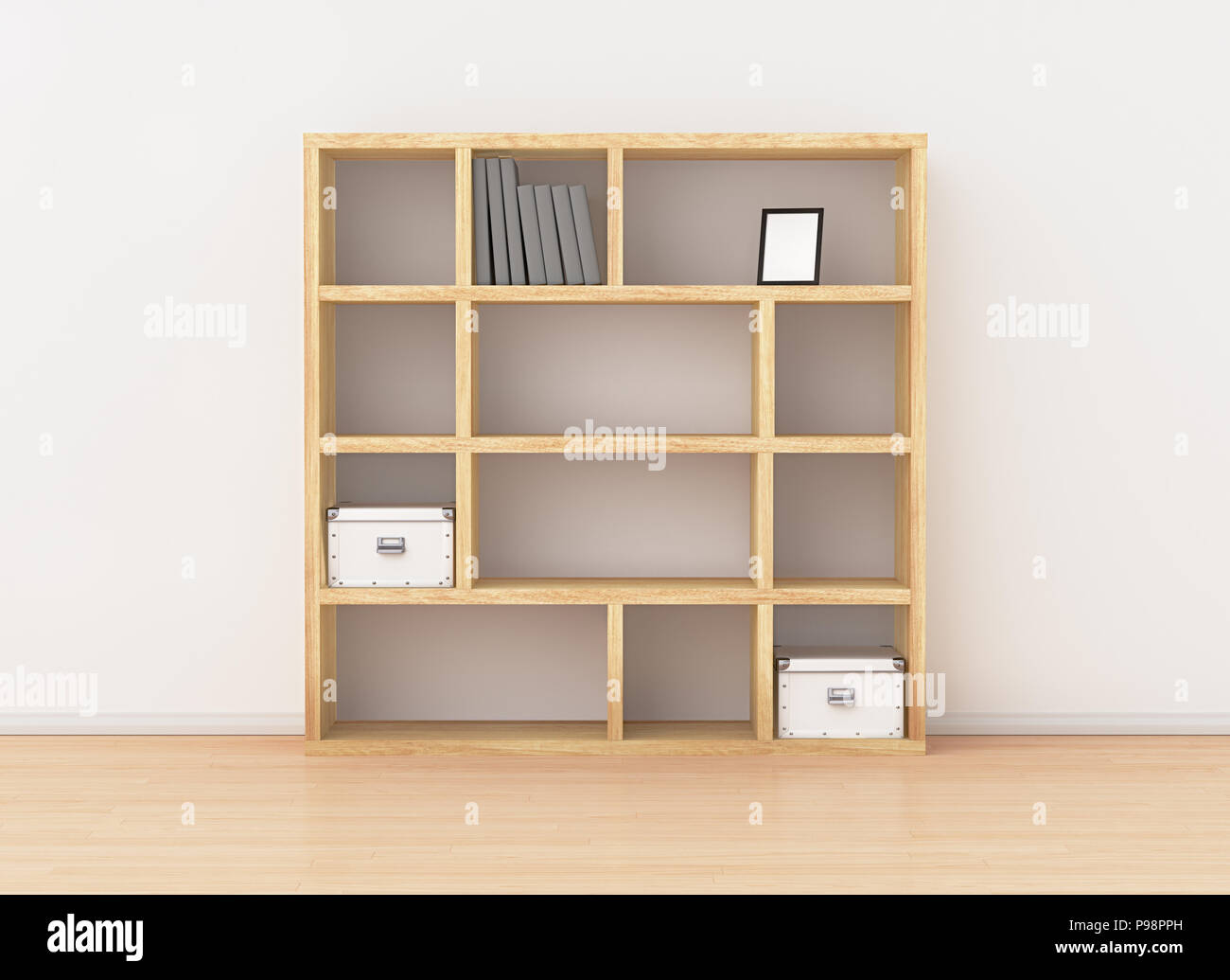 Wooden bookcase shelves isolated in interior. Include clipping path. 3d ...