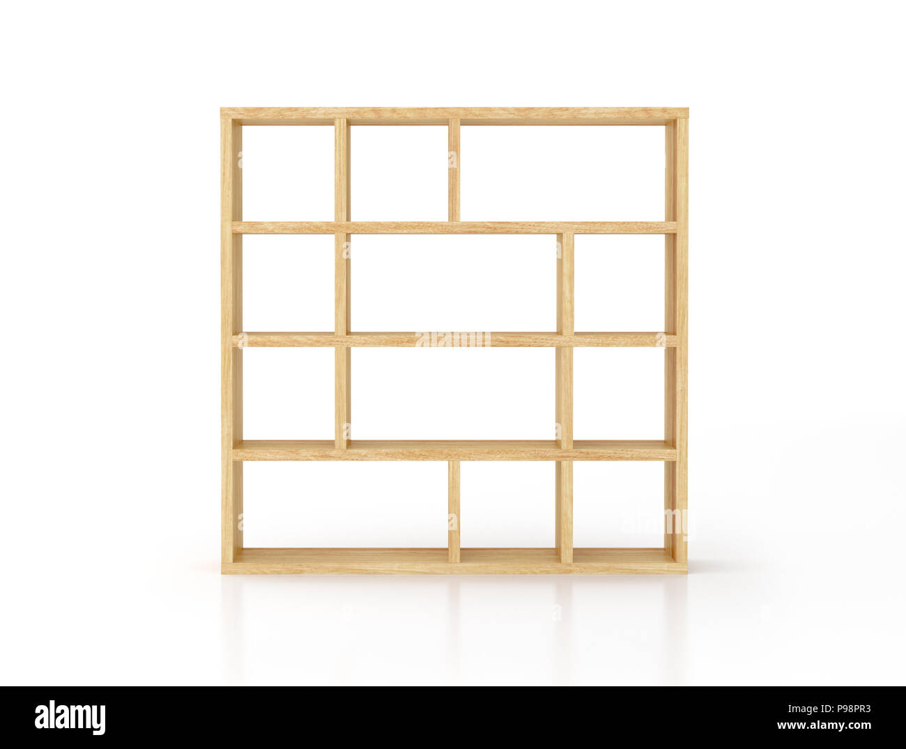Empty wooden bookcase shelves isolated on white background. Include clipping path. 3d render