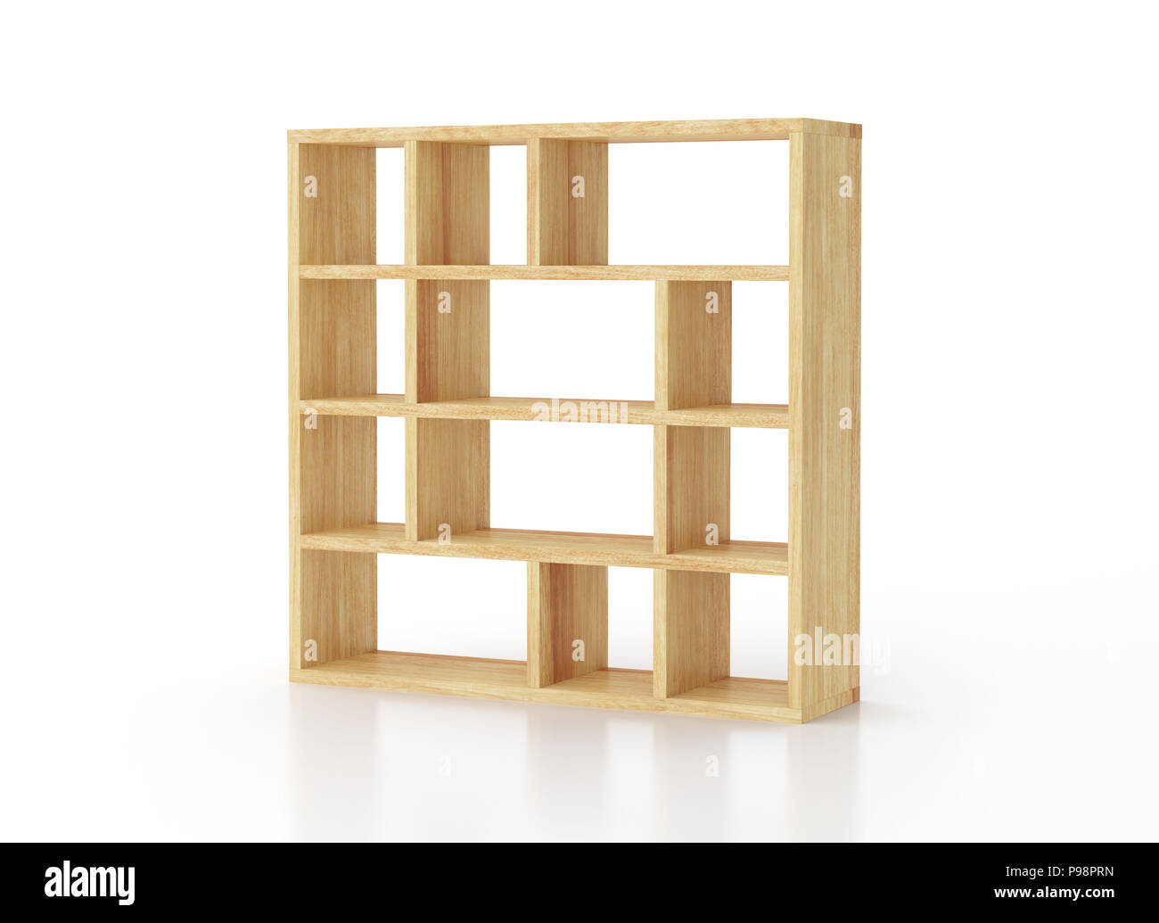 Empty wooden bookcase shelves isolated on white background. Include clipping path. 3d render