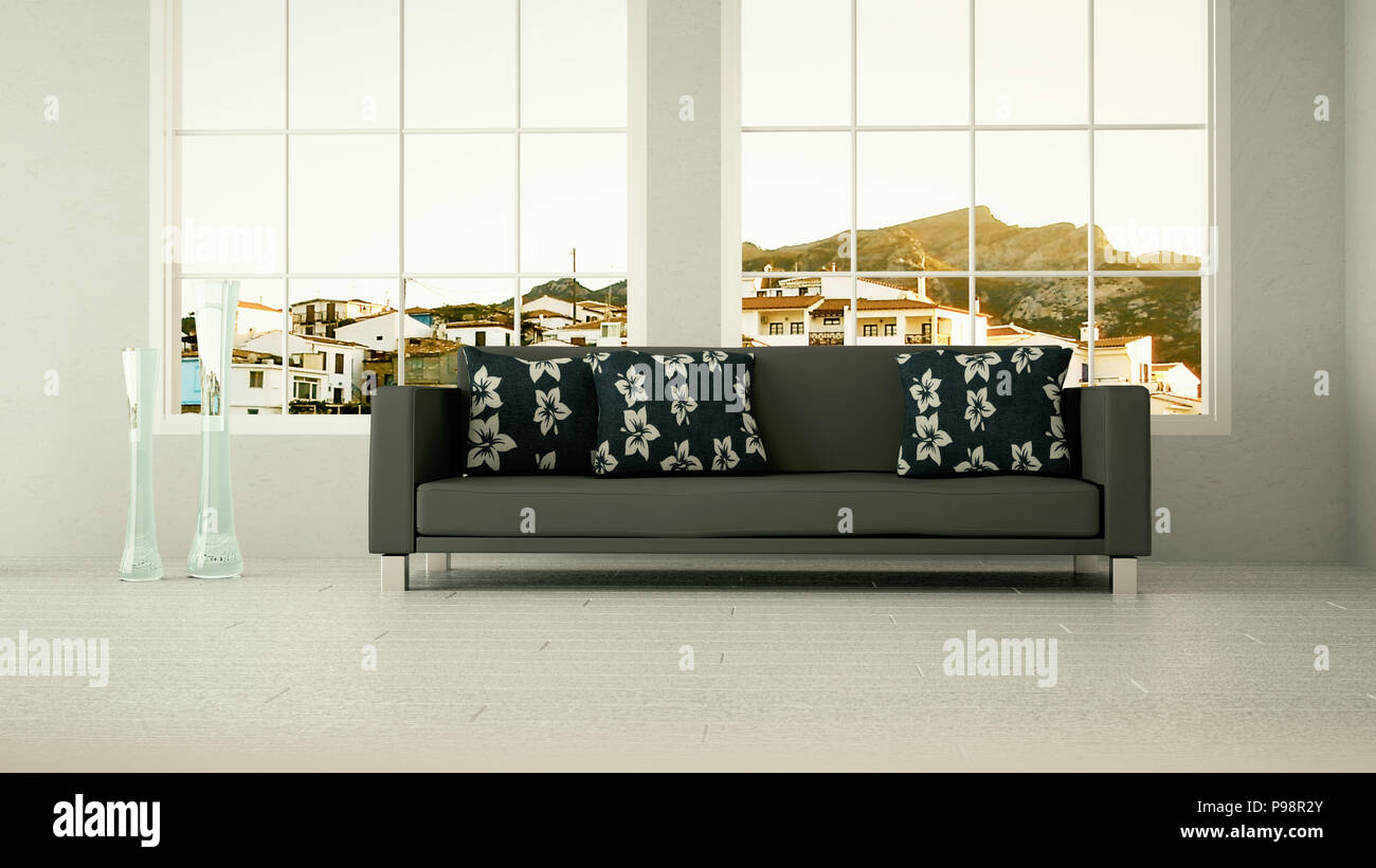 Interior design modern bright room with black sofa Stock Photo - Alamy