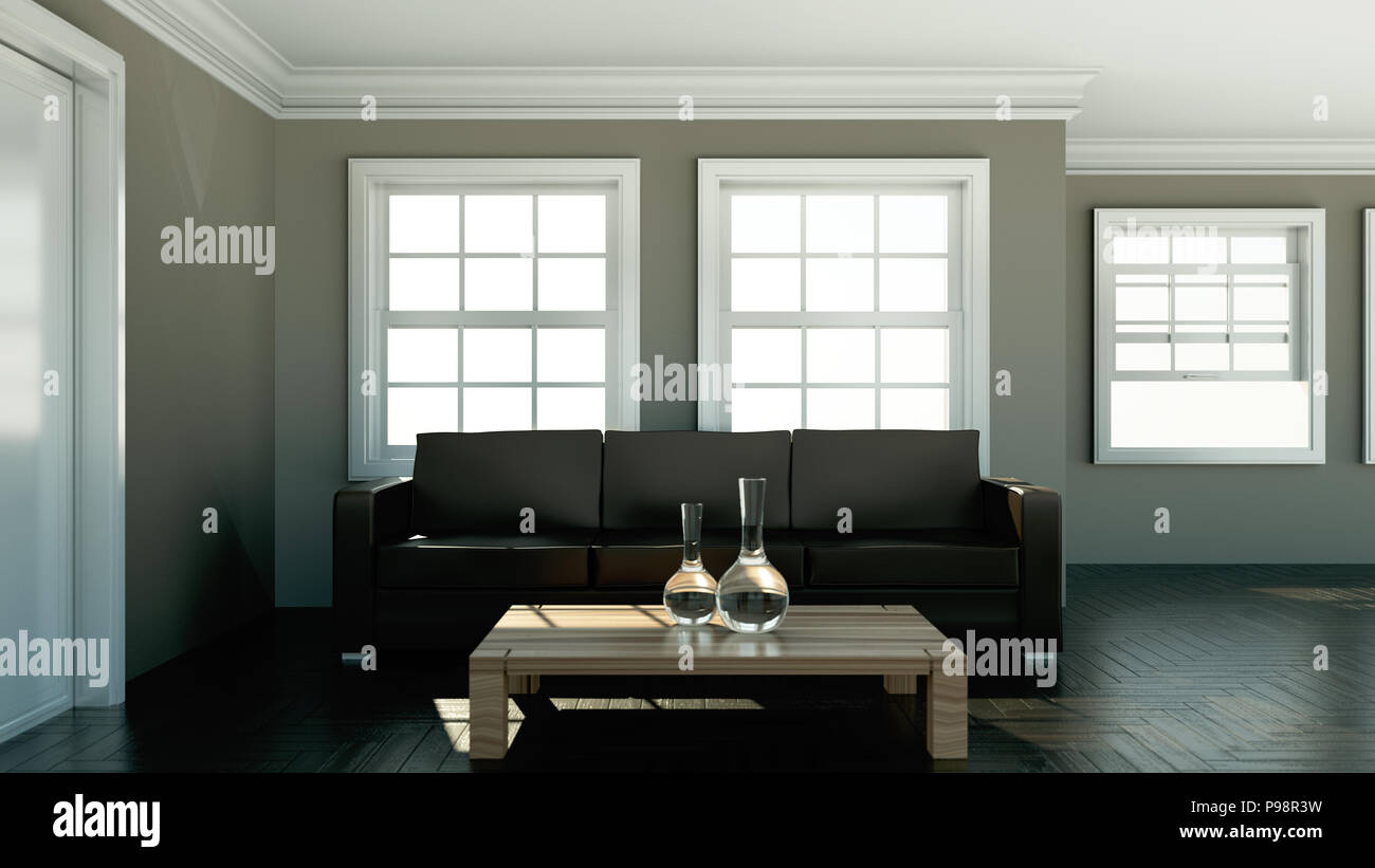 Interior design modern bright room with black sofa Stock Photo - Alamy