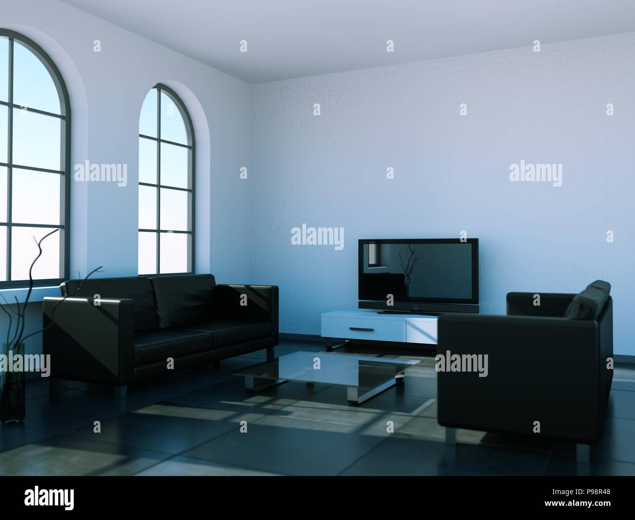 Interior design modern bright room with black sofa Stock Photo - Alamy
