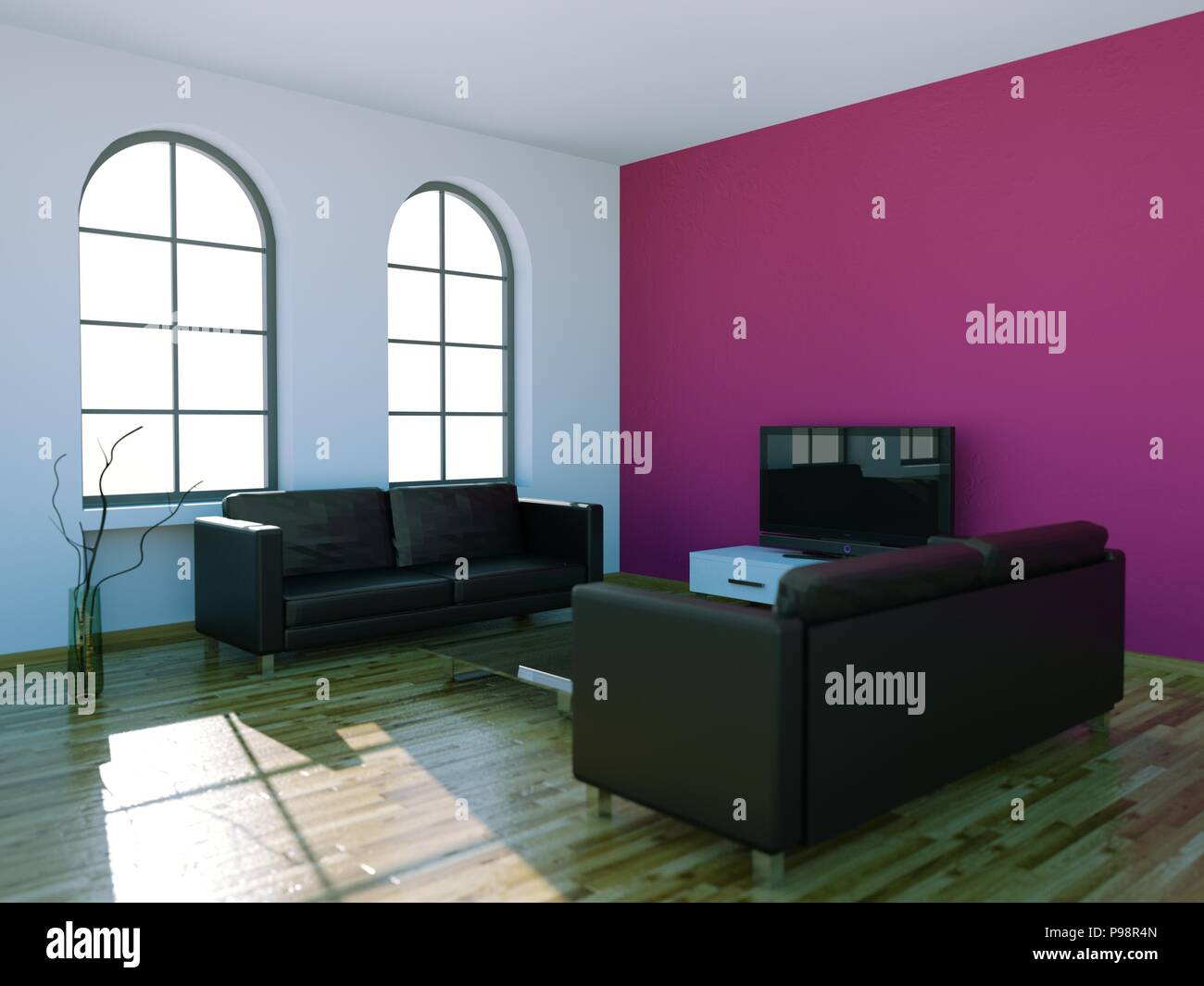 Interior design modern bright room with black sofa Stock Photo - Alamy