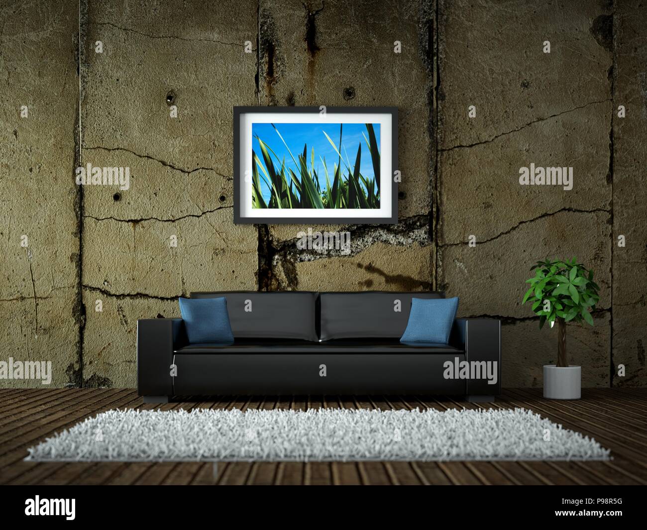 Interior design modern bright room with black sofa Stock Photo - Alamy