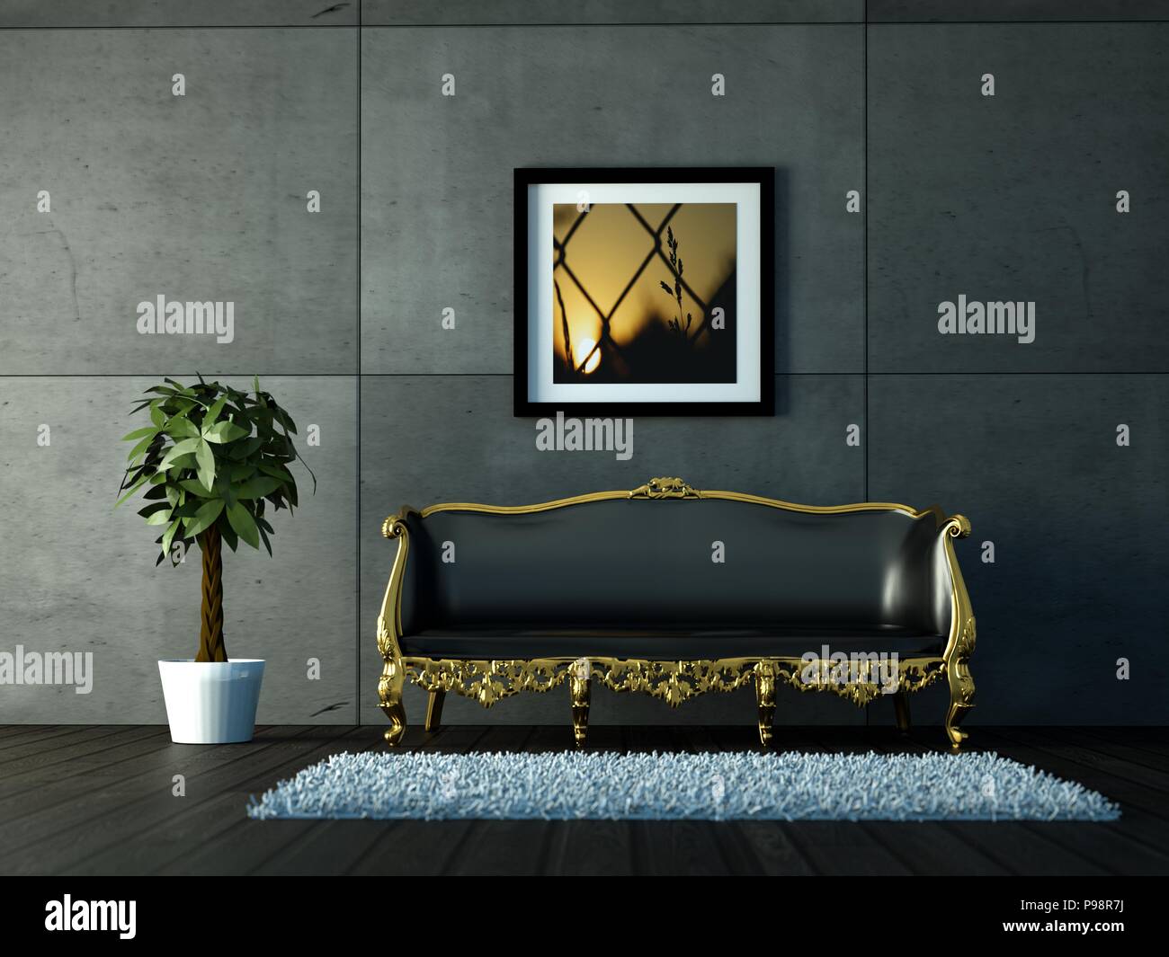 Interior design modern bright room with black sofa Stock Photo - Alamy