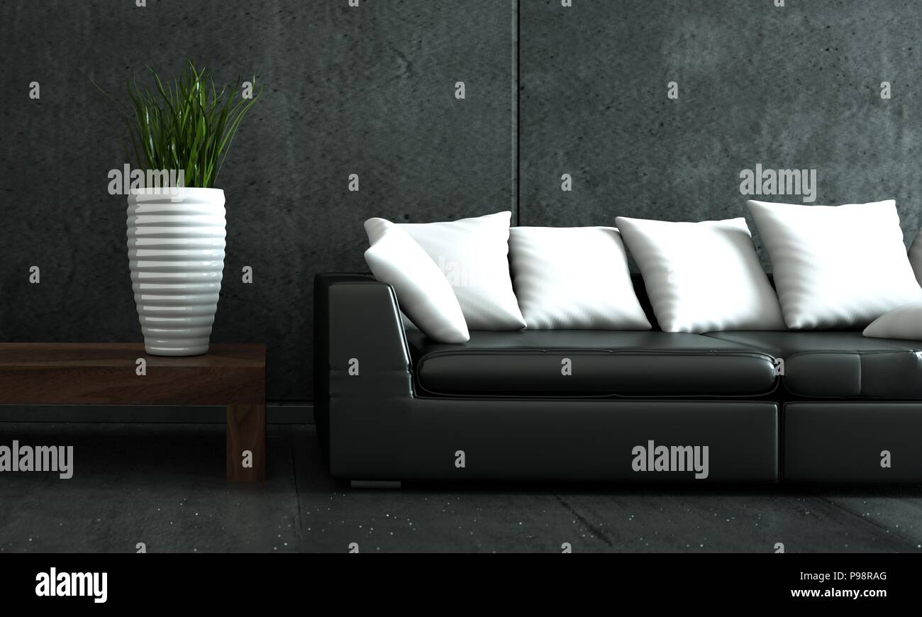 Interior design modern bright room with black sofa Stock Photo - Alamy