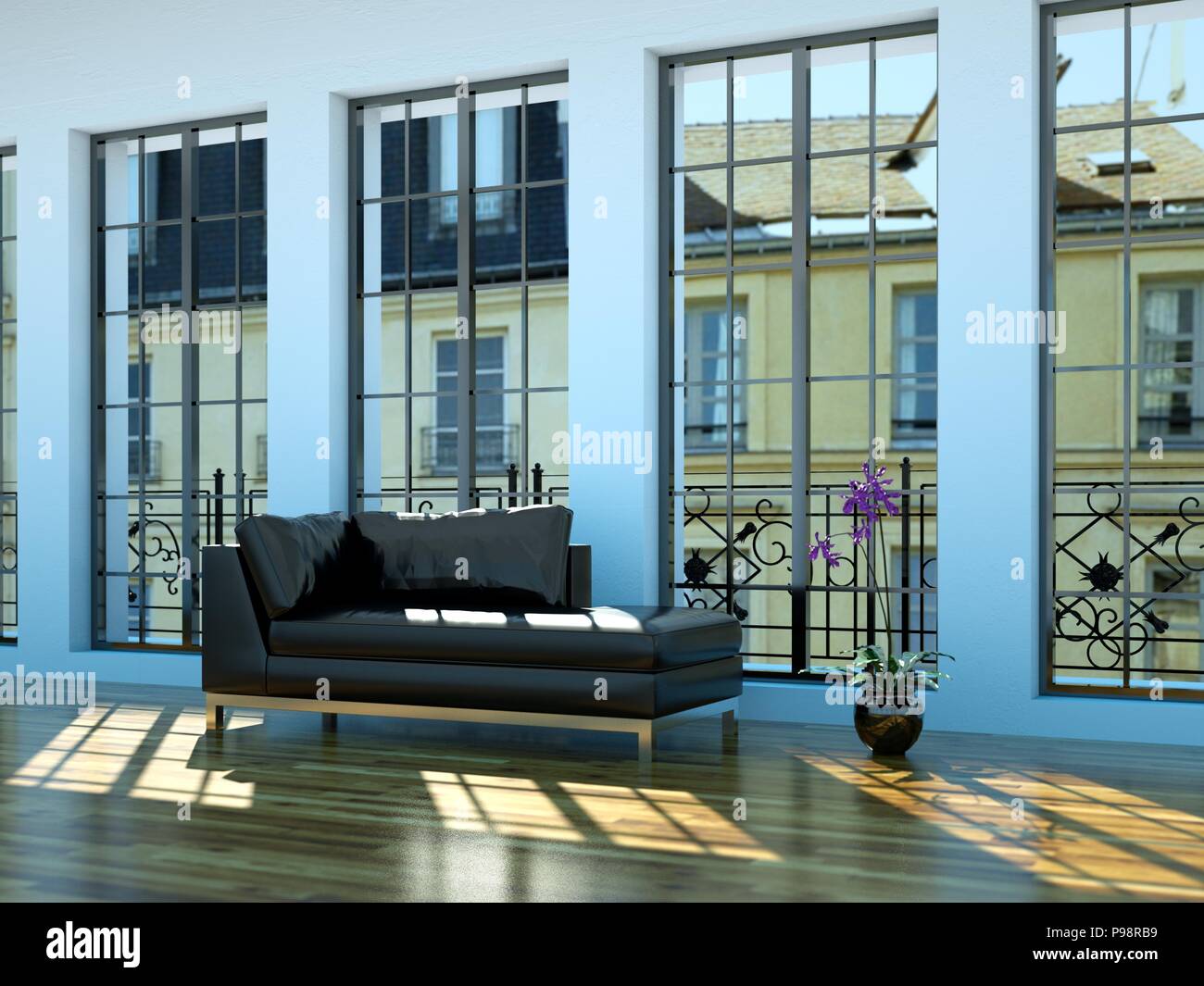 Interior design modern bright room with black sofa Stock Photo - Alamy