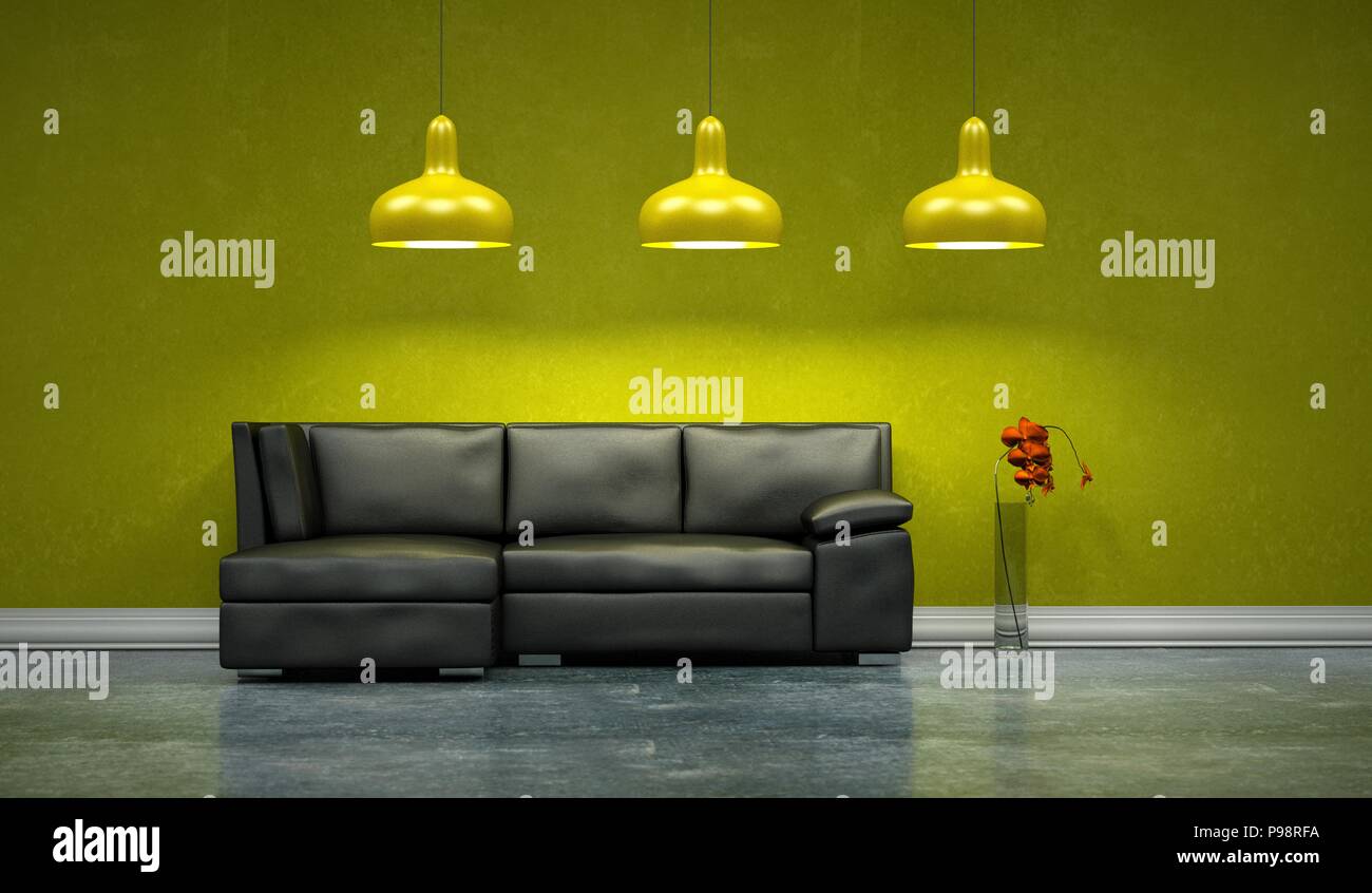 Interior design modern bright room with black sofa Stock Photo - Alamy