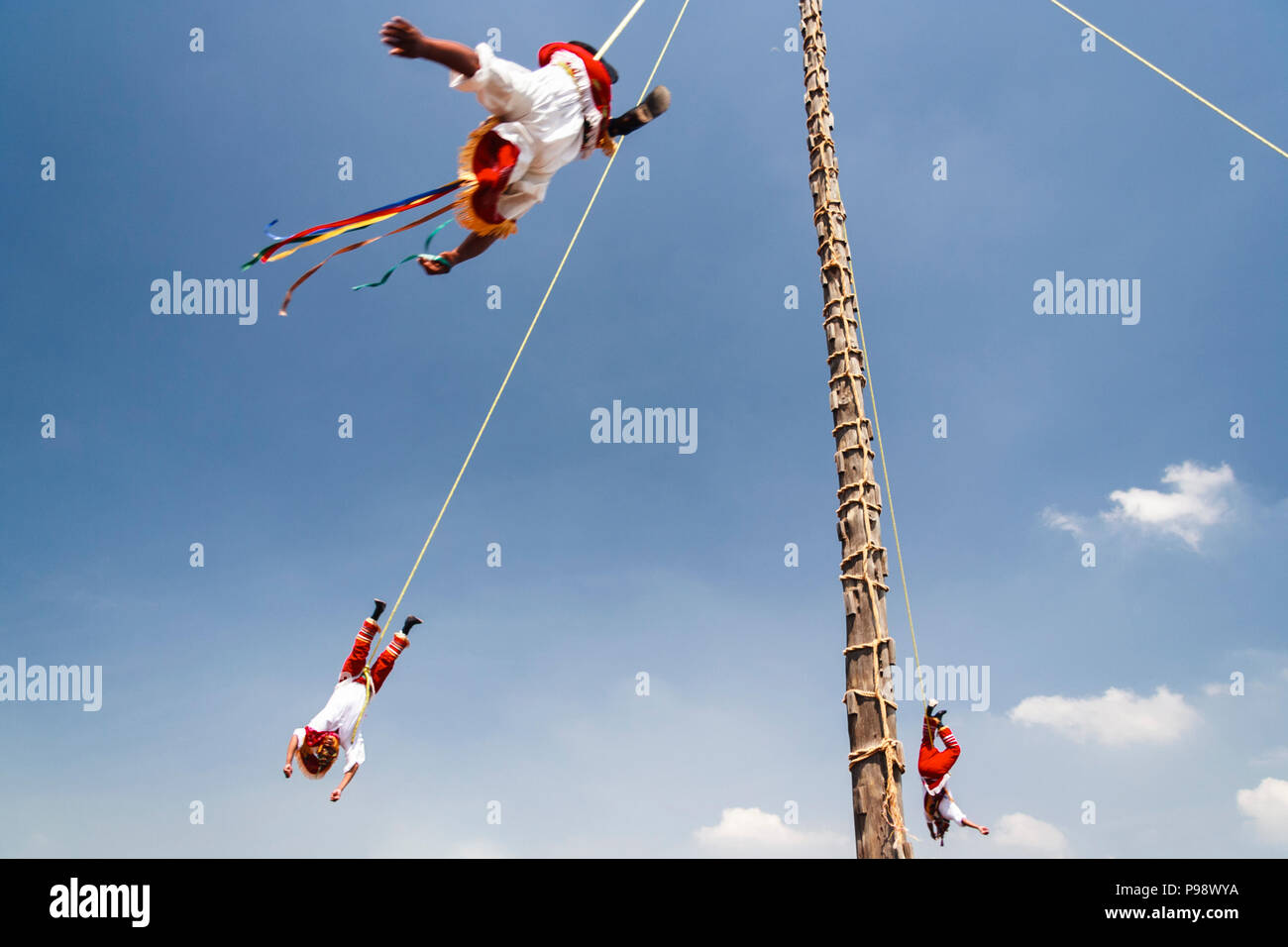 Teotihuacan, Mexico : Totonac people dressed in traditional clothes performing the Voladores or Flying Men ceremony named an Intangible cultural herit Stock Photo