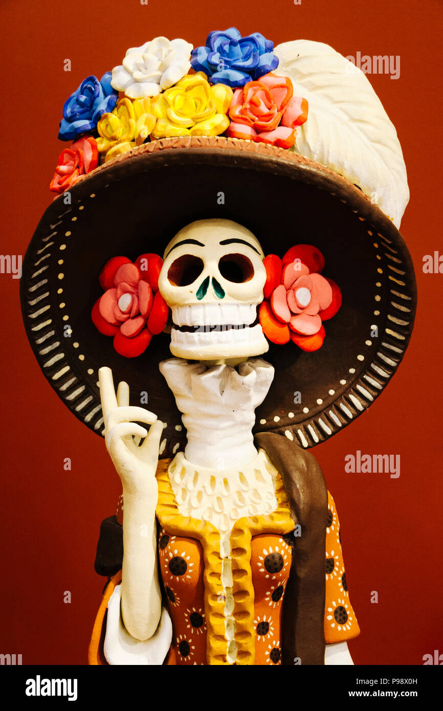 Merida, Yucatan, Mexico : Traditional  Majolica pottery depicting La Calavera Catrina at the small museum in the Hacienda San Pedro Ochil, 38 kms from Stock Photo