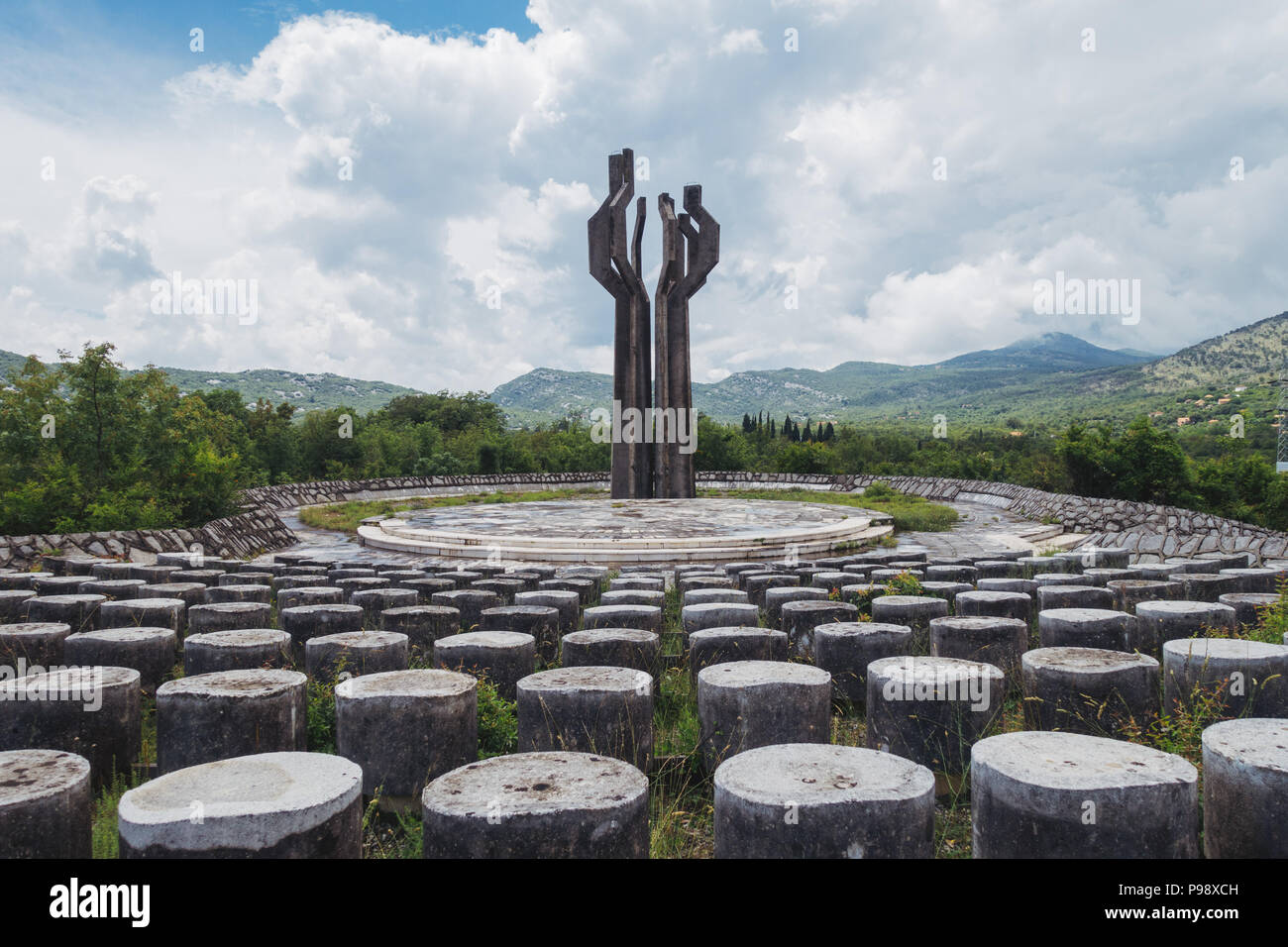The 12 meter tall concrete Memorial to the Fallen of the Lješanska Nahija Region, near Kotor, Montenegro. Built in 1980 Stock Photo
