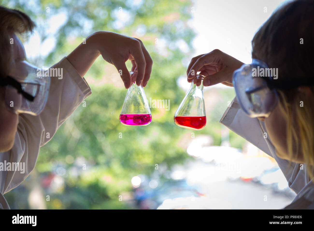 School science lesson in UK showing a chemistry experiment Stock Photo