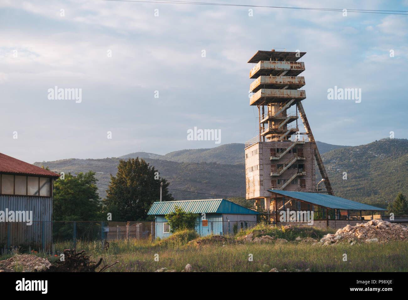A tower at the entrance to the Niksic Steel Mill, Niksic, Montenegro Stock Photo