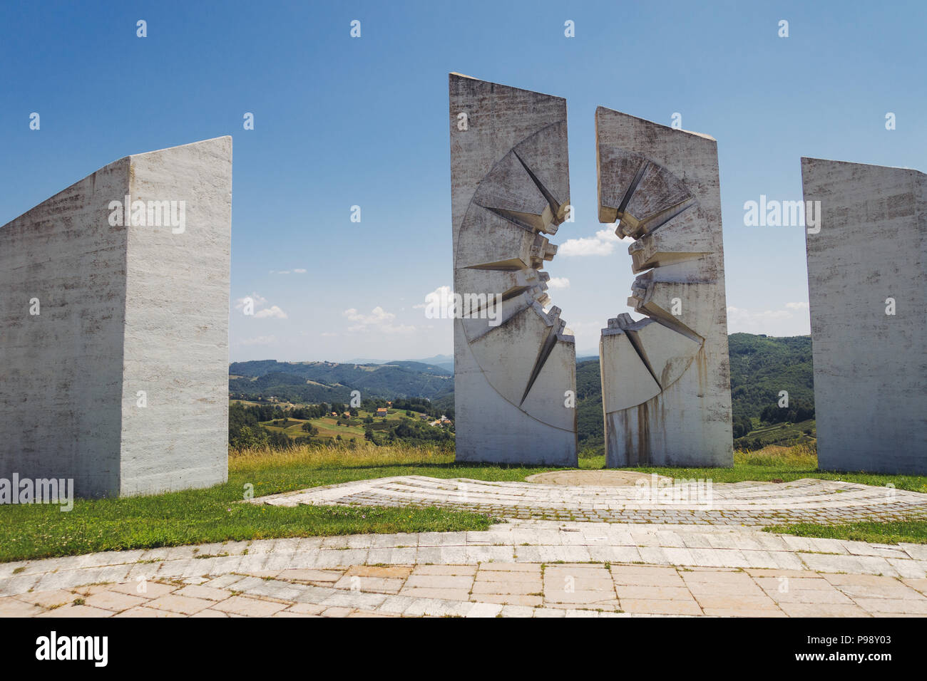 the sweeping white concrete slabs commemorating fallen Partisan fighters at the Kadinjača Memorial Complex, Serbia Stock Photo