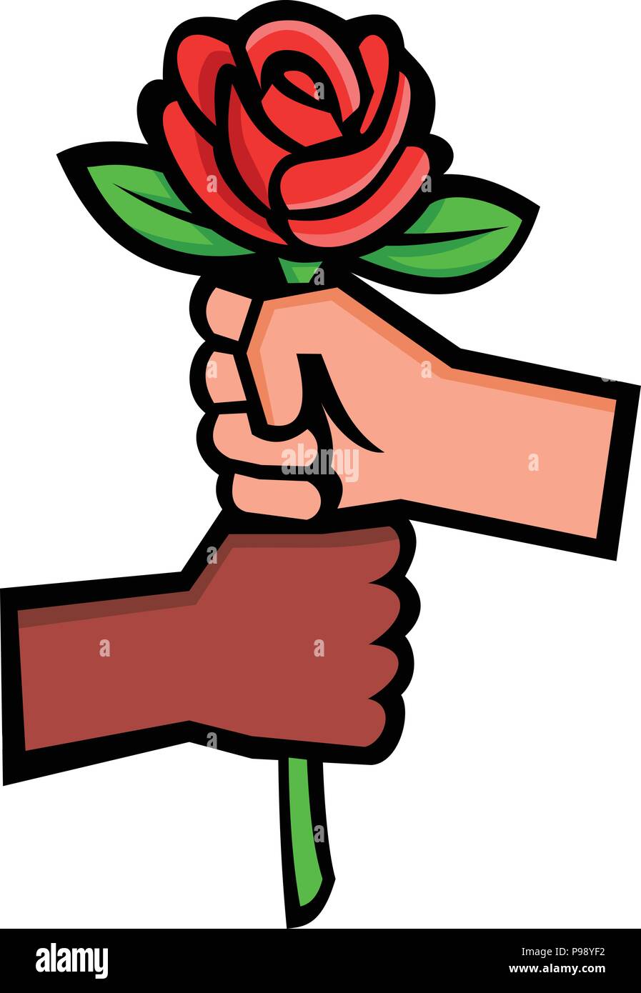 Mascot icon illustration of two hands, one white or Caucasian hand and the other black or African-American, holding the stem of a red rose viewed from Stock Vector