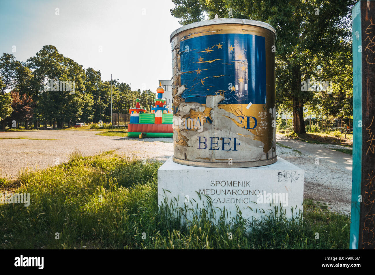 ICAR Canned Beef Monument in Sarajevo. The inscription 'Monument to the International Community by the grateful citizens of Sarajevo' is ironic. Stock Photo