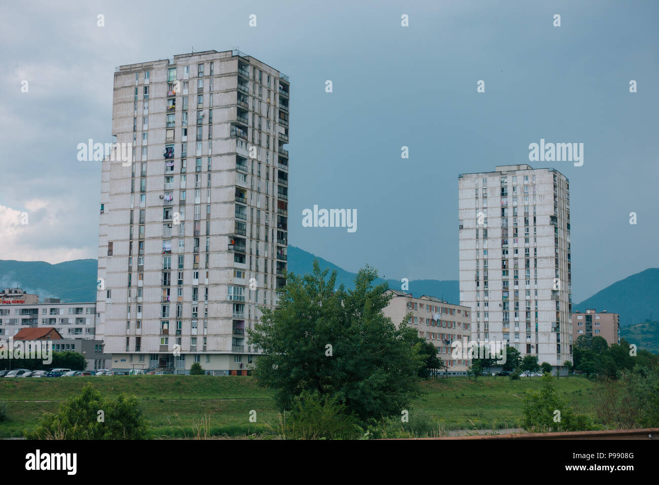 Plain rectangular apartment blocks in the city of Zenica, Bosnia and Herzegovina Stock Photo