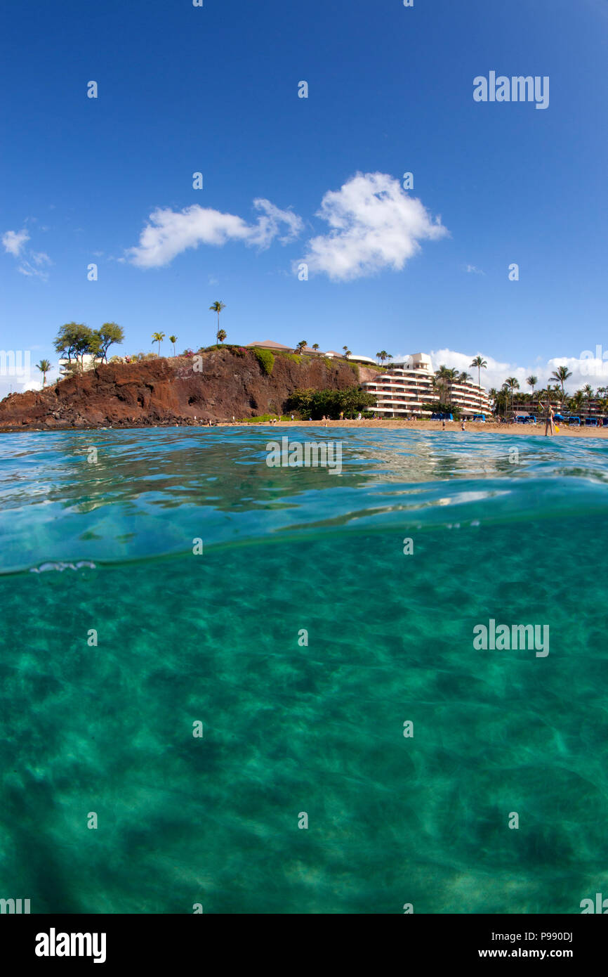 Split level view of Sheraton Hotel and Black Rock, Ka'anapali, Maui, Hawaii Stock Photo