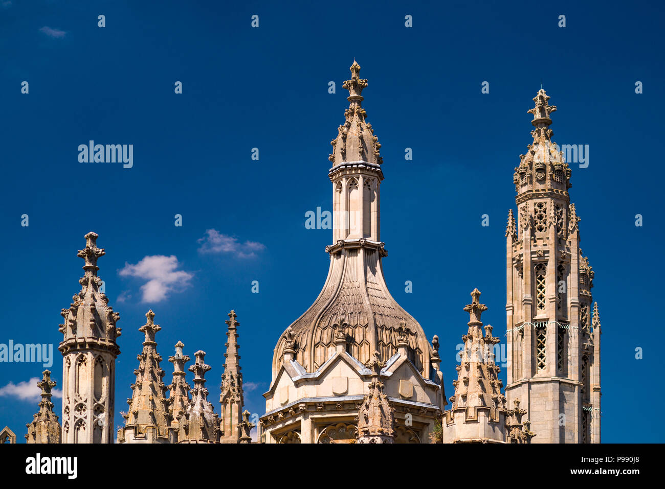 The spires and ornate roofing of Kings College University, Cambridge ...