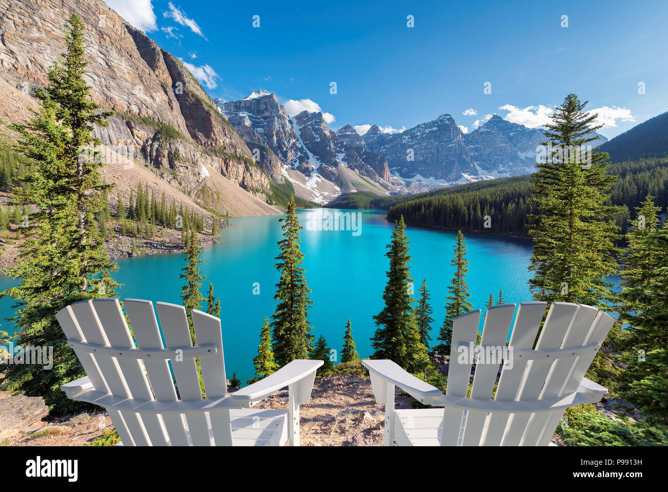 Observation deck щт Moraine lake in Canadian Rockies Stock Photo