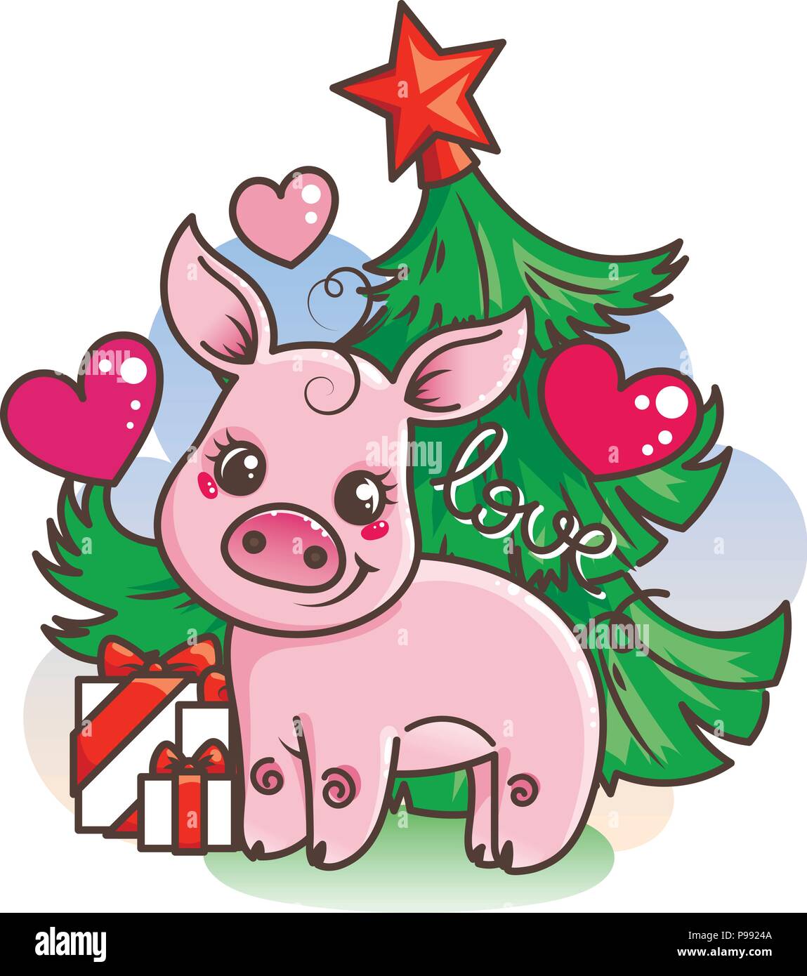 Happy New 2019 Year card with cartoon baby pig. Small vector symbol of ...