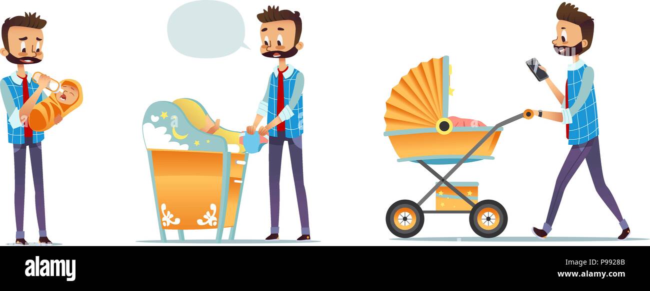 Collection of father taking care of child isolated on white background. Set of man feeding baby, changing diaper, carrying stroller. Super dad, modern fatherhood. Flat cartoon vector illustration. Stock Vector