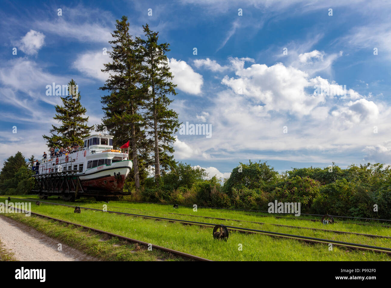 Tourist ship, water ramp Jelenie, Elblaski Canal Poland Stock Photo